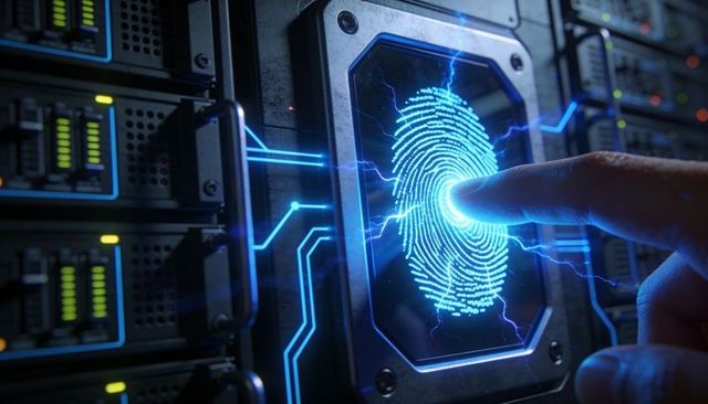 Biometric fingerprint login on rugged server access panel high security neon circuitry