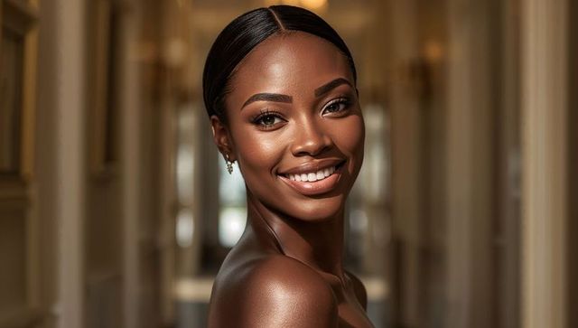 Elegant black woman smiling in hotel corridor wearing strapless gown and dangling earrings