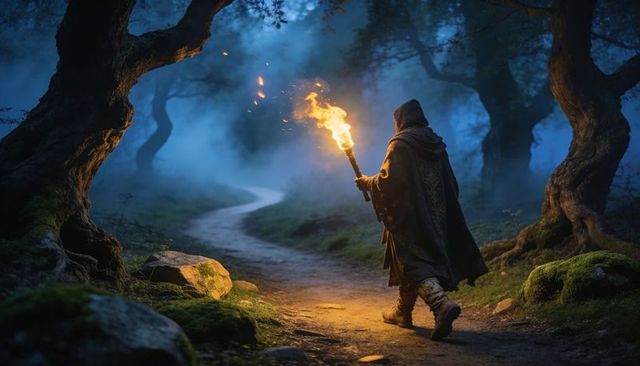Walking hooded traveler holding torch on misty winding forest path at night