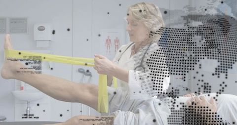 Female therapist guiding patient stretching with yellow resistance band in clinic halftone overlay