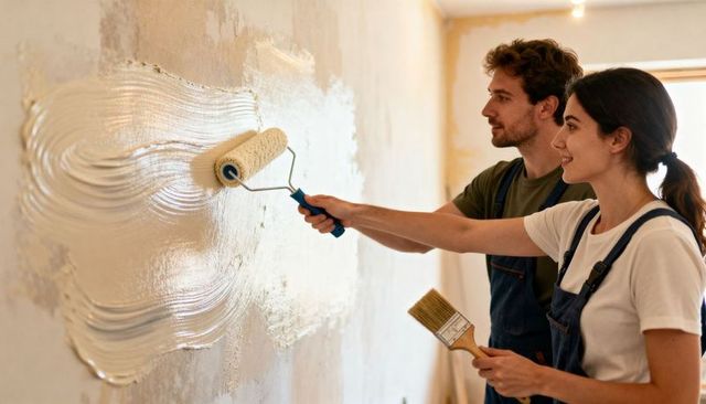 Young couple renovating interior applying plaster with roller and brush DIY home project