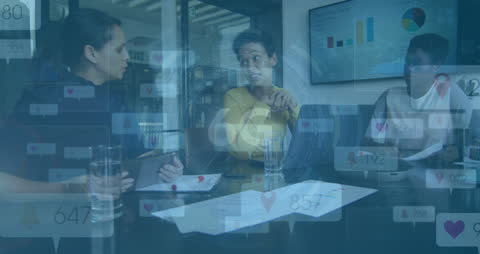 Data Analysis with Colleagues in Office Amid Virtual Stats Graphics