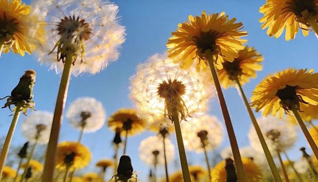 Backlit dandelion puffball glowing with golden blooms in ground-level meadow view