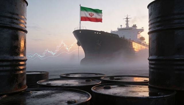 Iranian flag flying over oil tanker bow with stacked barrels and market chart at dawn