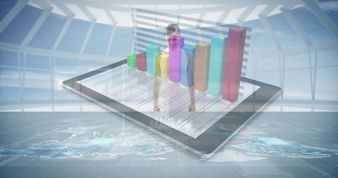 Futuristic Bar Graph Displayed on Holographic Tablet in Atrium