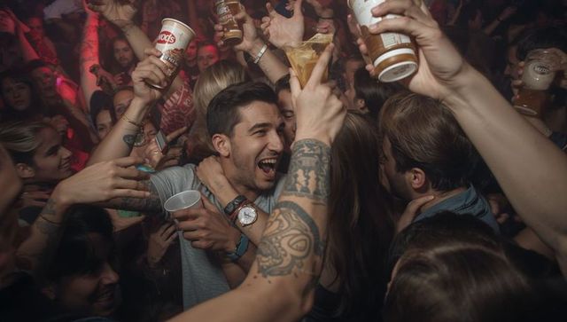 Young man laughing in crowded nightclub holding drink wearing watch surrounded by friends