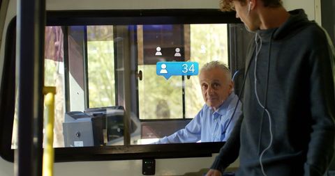 Teen engaging with bus driver and social media notifications