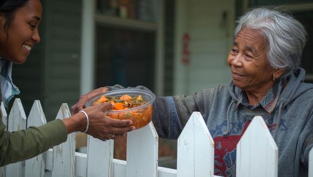 Neighbor sharing homemade vegetable stew over white picket fence, caring connection