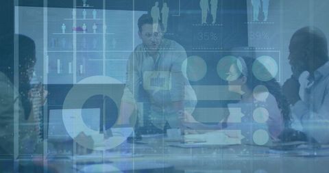 Business Team Collaborating in Modern Office with Digital Charts