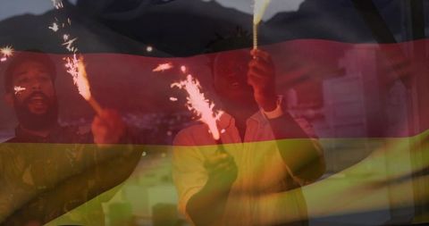 Friends Holding Sparklers on Rooftop Balcony with Tricolor Flag Overlay
