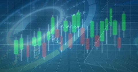 Futuristic Neon Candlestick Trading Chart Showing Green Red Candles on Virtual 3D Grid