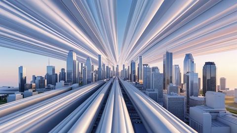 Futuristic cityscape with radiating metallic structures, streamline design