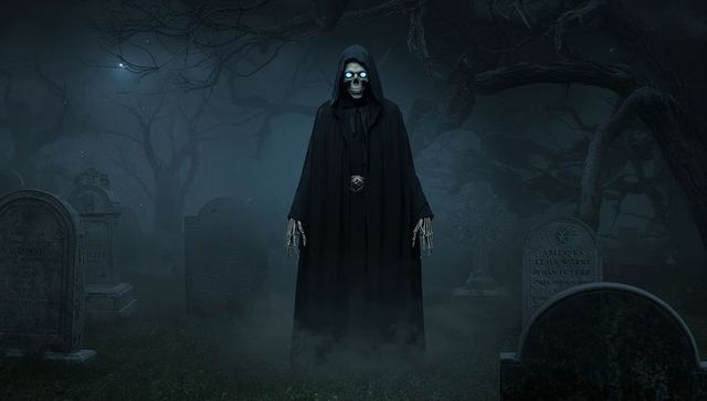 Skeletal reaper in haunted cemetery depiction