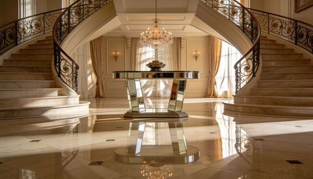 Grand marble foyer showcasing mirrored console, crystal chandelier and sweeping staircases