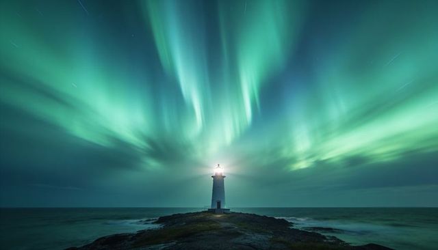 Lighthouse illuminating rocky coast under dancing aurora borealis and star trails