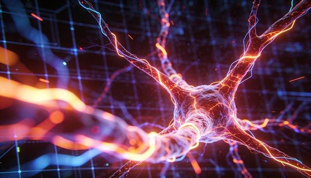 Glowing neuron sending electric pulses along axon and dendrites in neon cyber grid