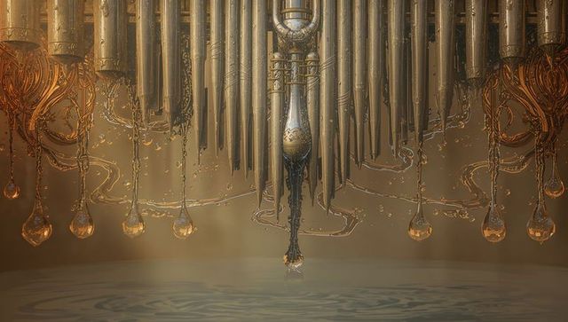 Ornate suspended metallic pipes dripping amber droplets in glowing bronze filigree chamber