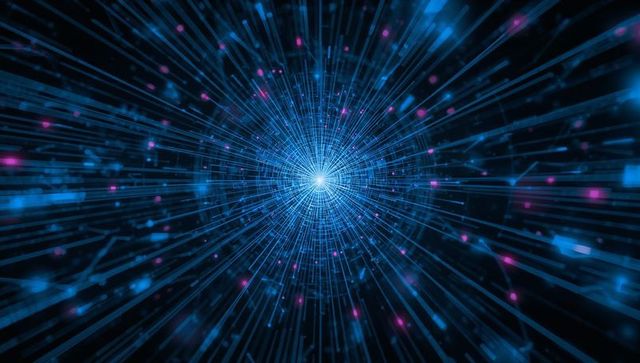 Radiating digital data core emitting neon beams and network grid for futuristic tech
