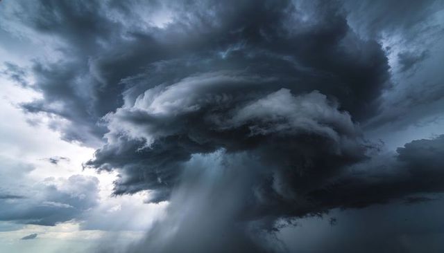 Rotating towering cumulonimbus pouring heavy rain across horizon with shelf clouds