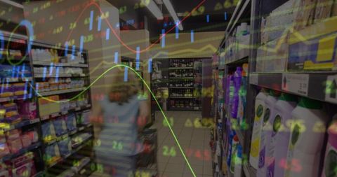 Female shopper walking supermarket aisle pushing cart with floating sales and stock charts