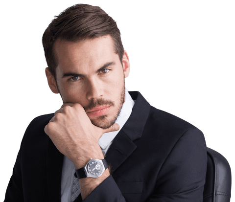 Transparent portrait of thoughtful businessman with watch