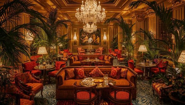 Opulent hotel lounge with crystal chandelier, red velvet seating and gilded details