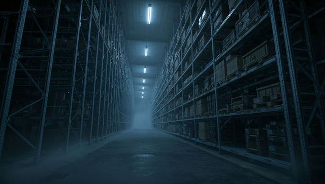 Leading empty industrial warehouse aisle toward vanishing point with pallet racking and mist