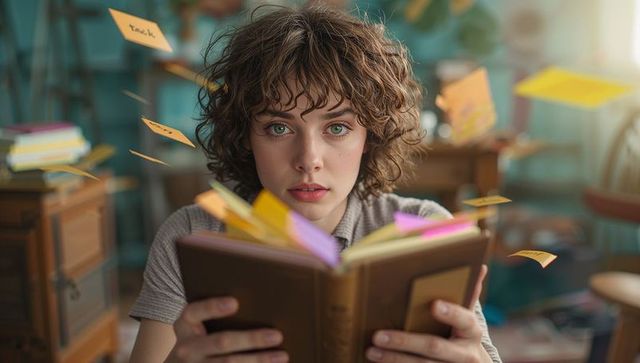Focused Student Holding Book Amid Floating Sticky Notes