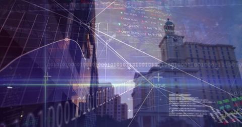 Futuristic Financial District Cityscape with Digital Overlay