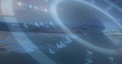 Guiding HUD Overlay Navigating Coastal Aerial Landscape with Rings Arrows Grid