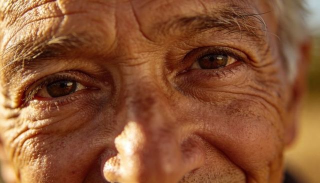 Sunlight revealing senior man closeup showing wrinkles and warm golden-hour skin texture