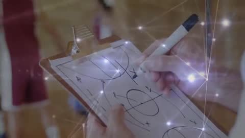 Basketball Coach Strategizing with Technological Interface Overlay