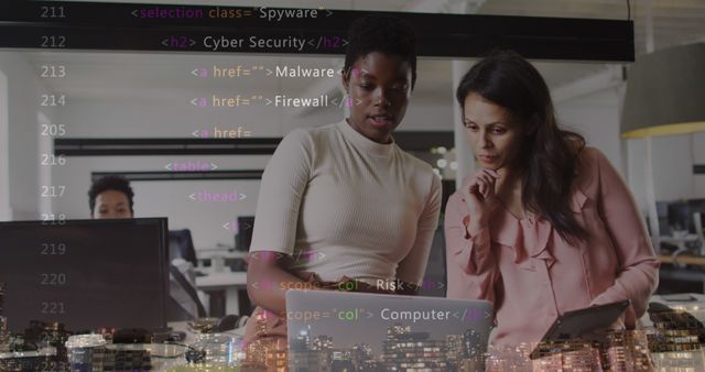 Businesswomen Discussing Cyber Security with Code Overlay - Download Free Stock Images Pikwizard.com