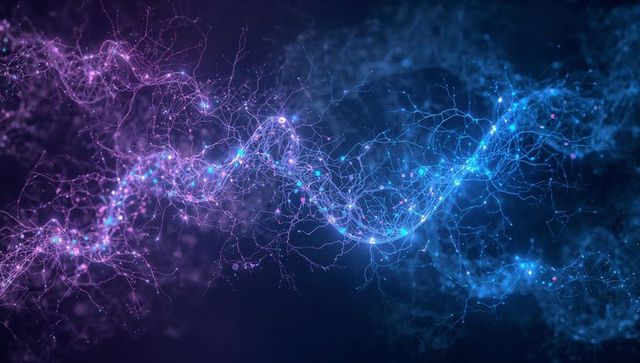 Neon Neural Network Strands Flowing Purple Blue Abstract Data Stream Visualization