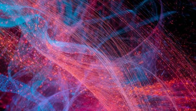 Neon filament flow with glowing particles, ethereal veils and dynamic light trails