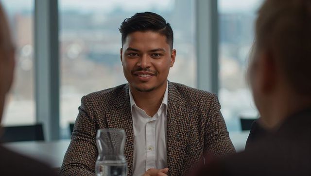 Smiling professional in patterned blazer sitting at conference table with city skyline