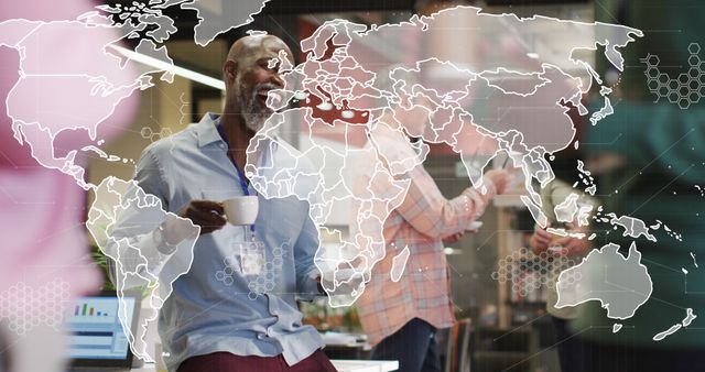 Businessman Enjoying Coffee with Global Network Map Overlay - Download Free Stock Images Pikwizard.com