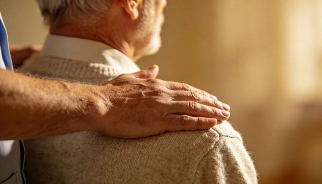 Resting caregiver hand on senior shoulder conveying comfort compassionate home care