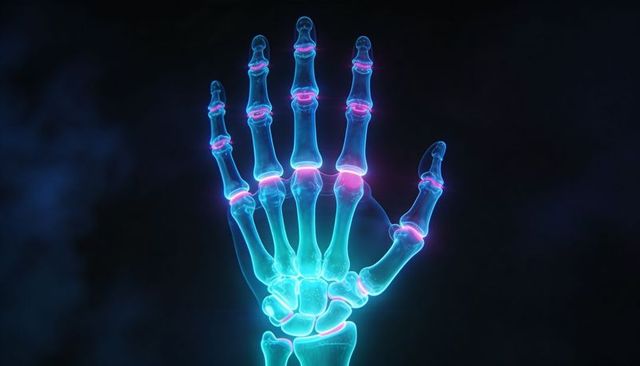 Glowing skeletal hand highlighting phalanges and joints with neon cyan and magenta holographic glow