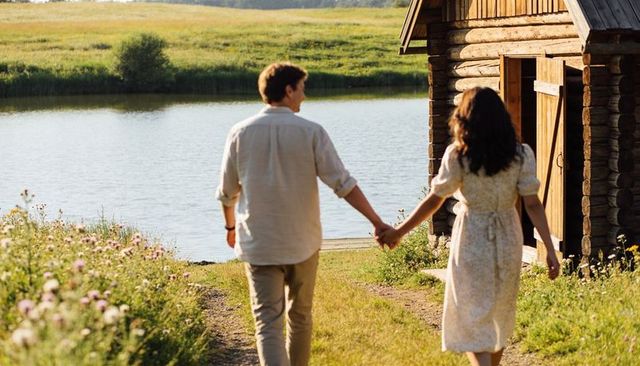 Couple walking hand in hand toward boathouse on lakeside meadow at golden hour