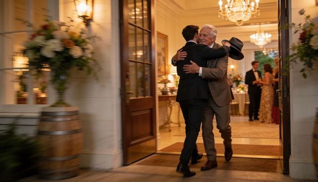 Mature man and younger man embracing at wedding reception doorway, emotional greeting