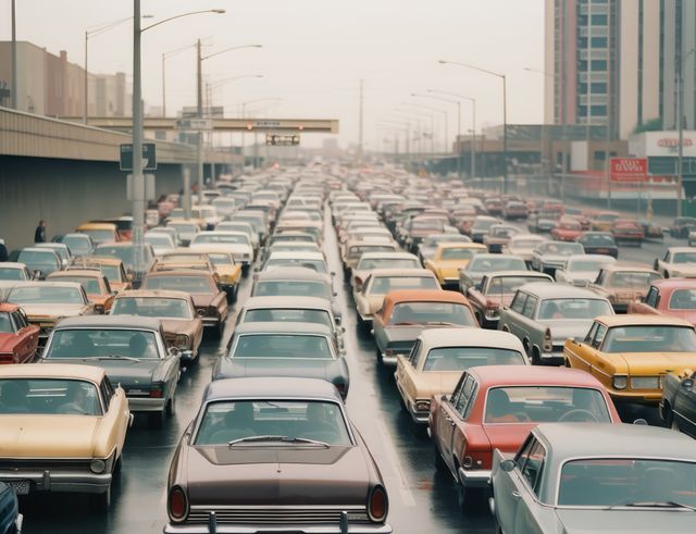 Retro Urban Traffic Jam with Vintage Cars on Wet Road - Download Free Stock Images Pikwizard.com