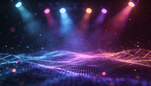 Glowing neon digital wave mesh with colored spotlights and holographic bokeh lighting