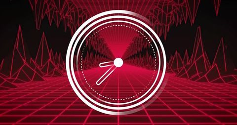 Neon clock portal over red wireframe grid tunnel retrofururism synthwave time concept