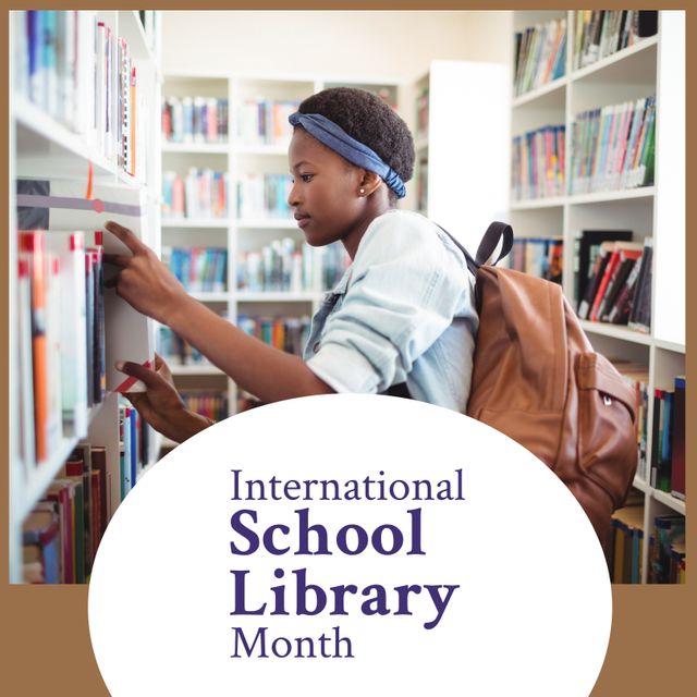 African American teenage girl exploring bookshelves in school library while celebrating International School Library Month. Ideal for educational campaigns, school resources, library promotions, student life content.