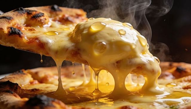 Melting mozzarella pulling from charred neapolitan pizza slice dripping golden oil releasing steam