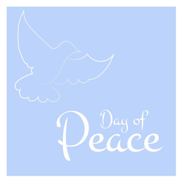 Vector image of pigeon and day of peace text on blue background, copy space. World peace day, avoid war and violence, celebration, commemorating and strengthening ideals of peace, spread kindness.