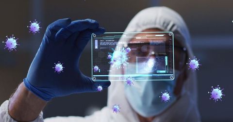 Scientist Analyzing Virtual Virus Data with Digital Tablet