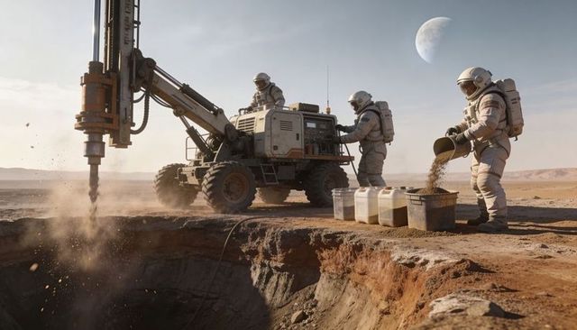 Astronauts drilling and collecting regolith at crater rim using wheeled drill rig