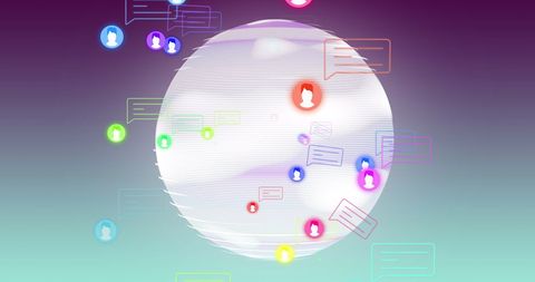 Digital communication sphere with colorful chat icons